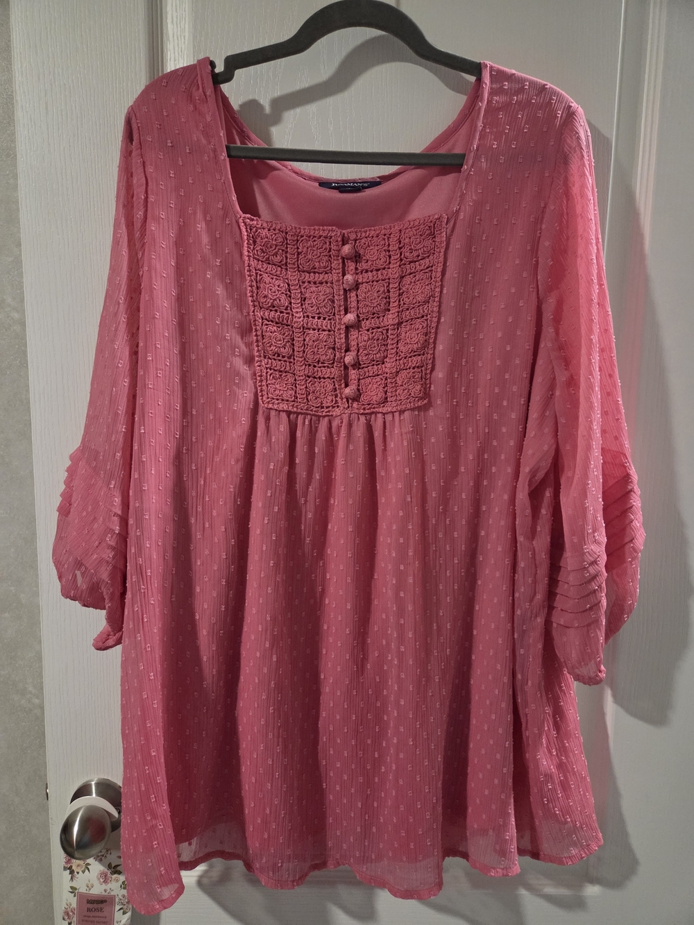 Nwot Roaman's Pink Peasant Tunic with Crocheted Bib